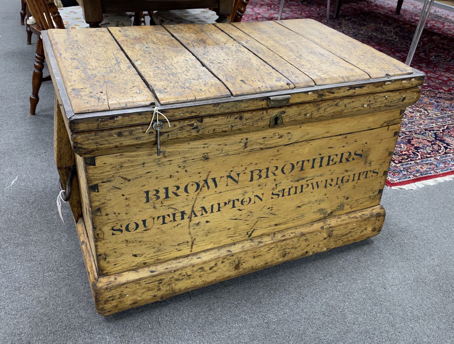 A Victorian iron bound shipwright's carpenter's chest marked Brown Brothers of Southampton, Shipwrights, length 95cm, depth 61cm, height 61cm                                                                               