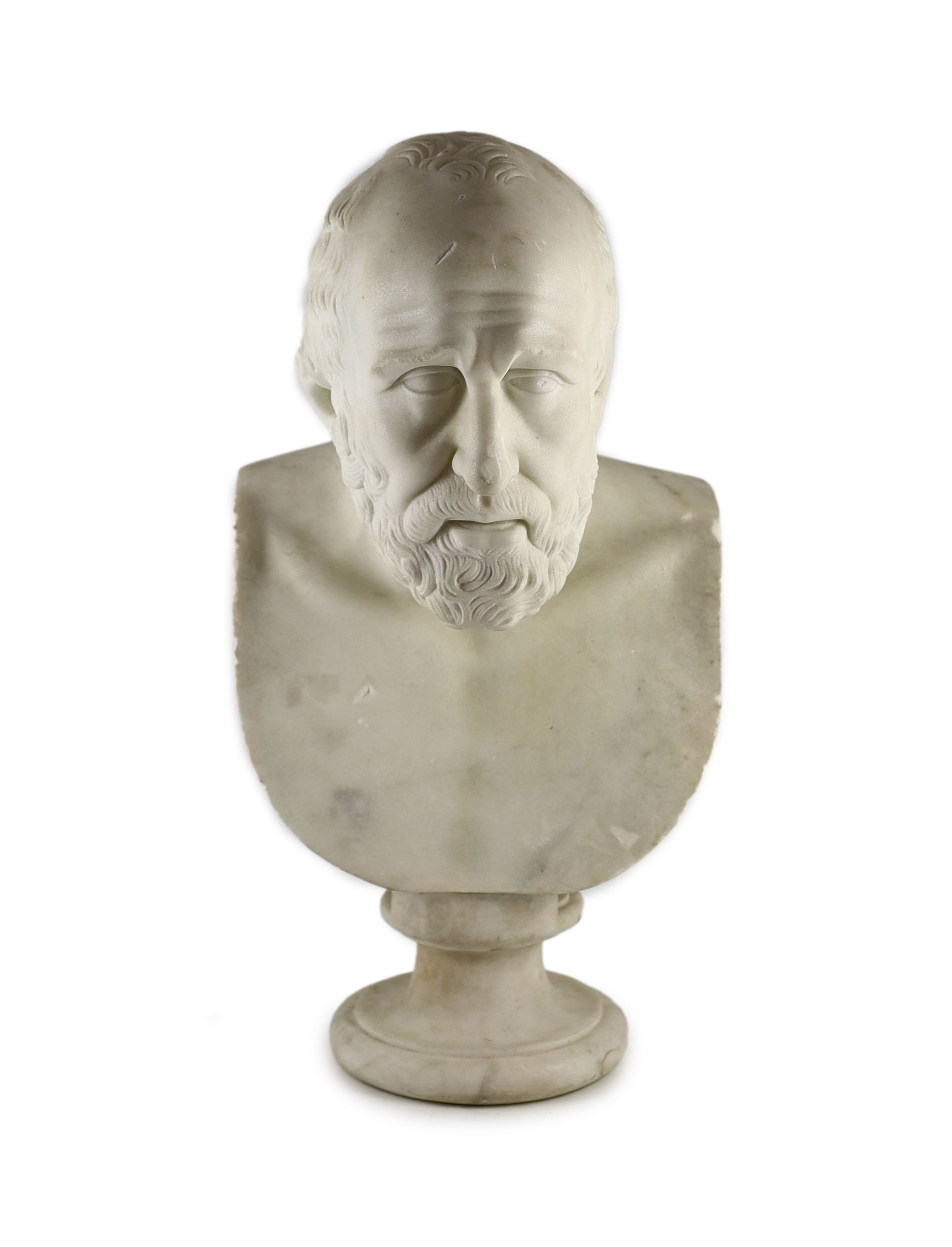 A 19th century Italian carved white marble bust of a bearded man, width 31cm, height 56cm                                                                                                                                   