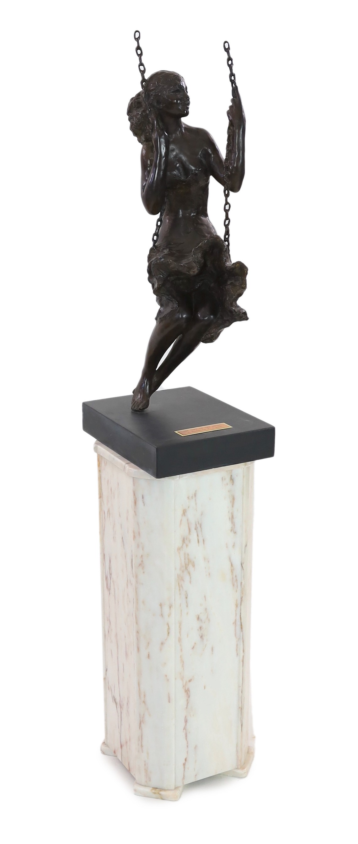 Sydney Harpley R.A. (British, 1927-1992), bronze, 'Girl on a Swing', overall height 85cm excluding white marble pedestal                                                                                                    