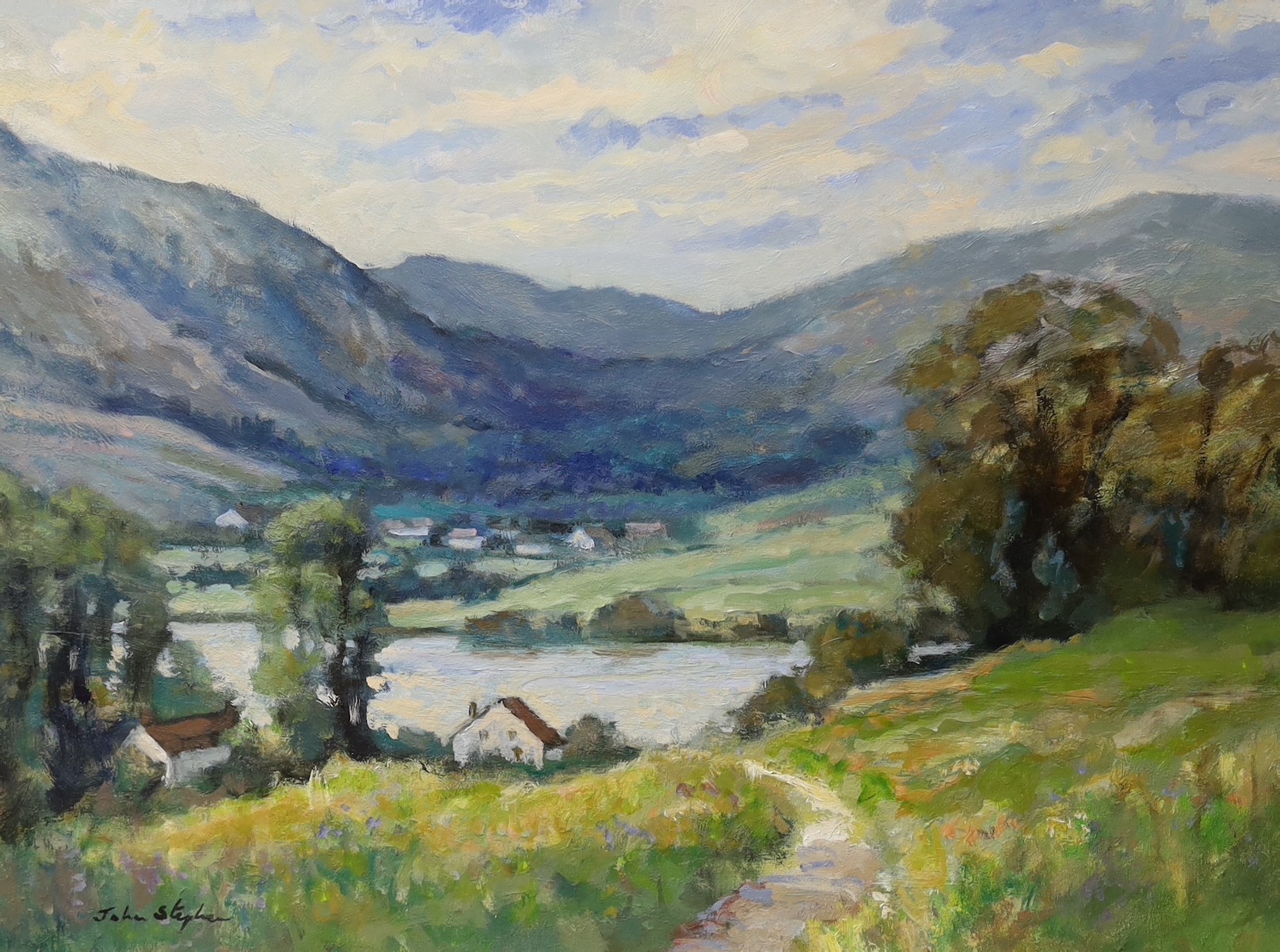 John Stephens, oil on board, Lake Coniston, signed, 44 x 59cm                                                                                                                                                               