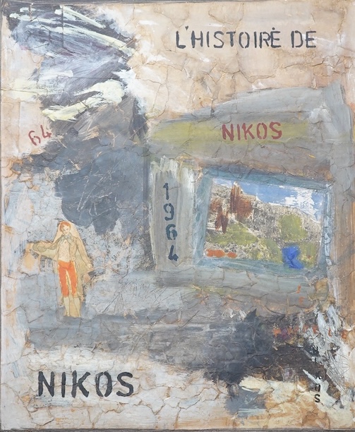 After Nikos, oil on board, Abstract, L'Histoire Ee Nikos, 58 x 49cm. Condition - good, some wear to frame                                                                                                                   