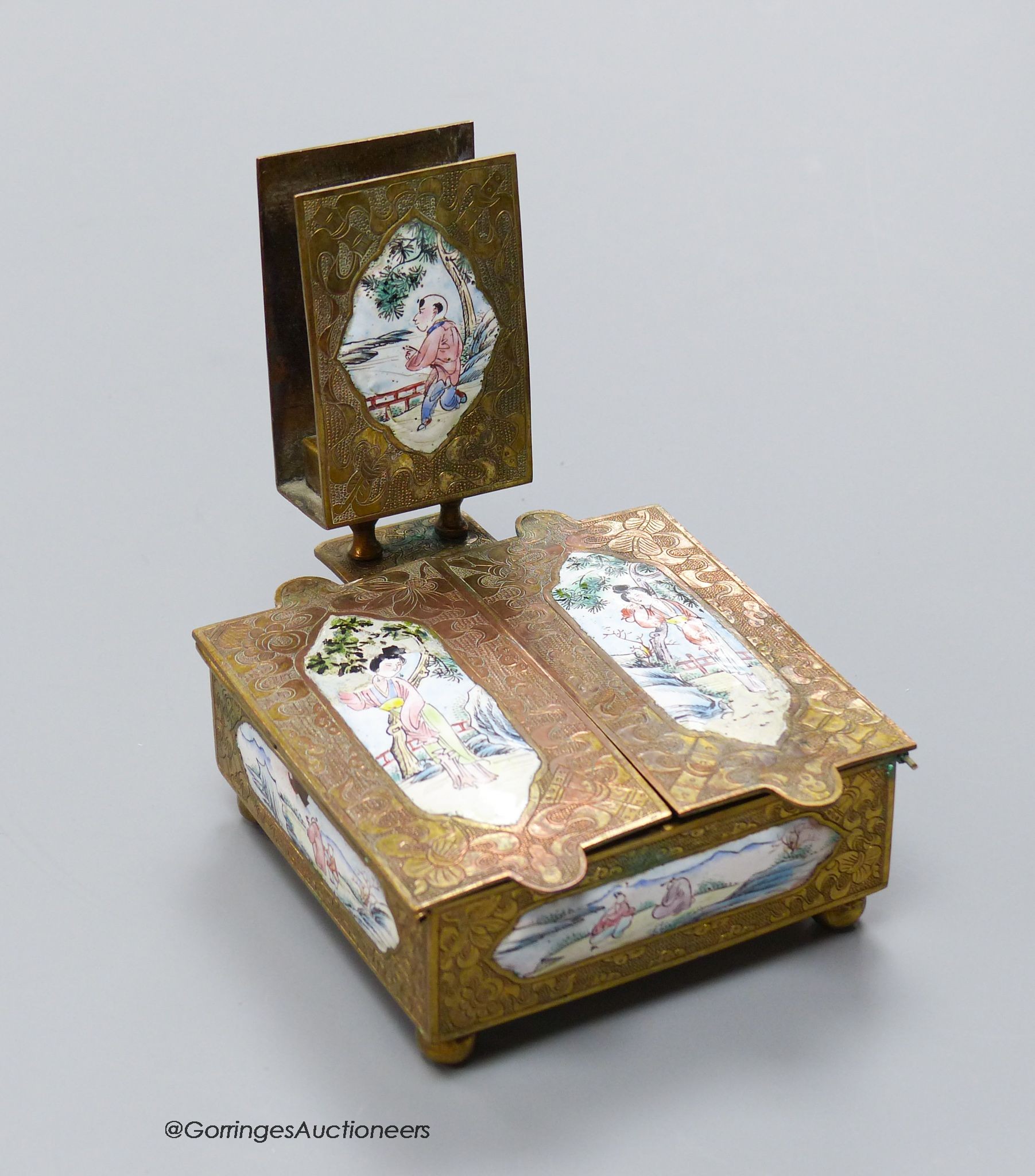 An early 20th century Chinese brass and enamel cigarette box and matchbox holder, 9 x 9cm                                                                                                                                   