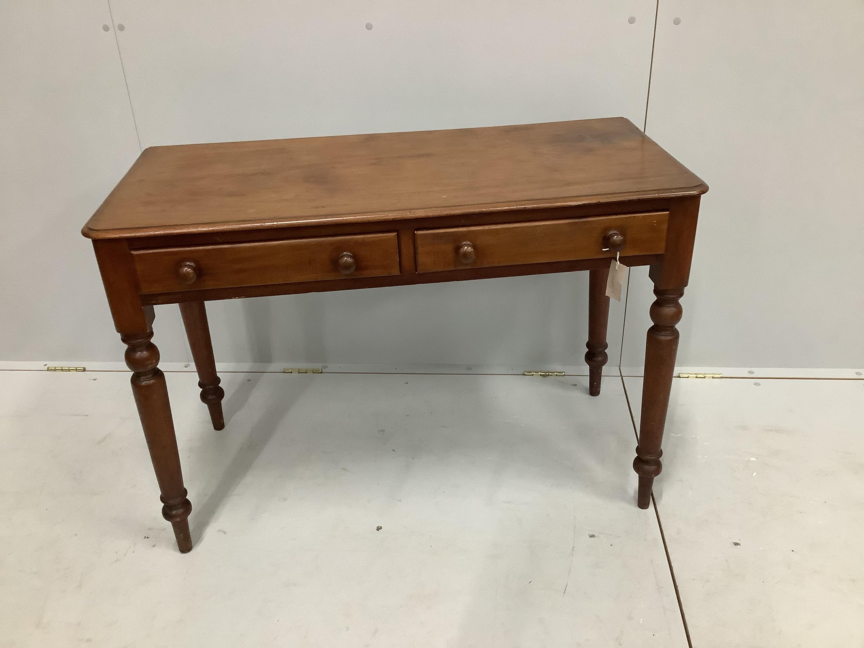 A Victorian mahogany two drawer side table, width 104cm, depth 46cm, height 72cm                                                                                                                                            