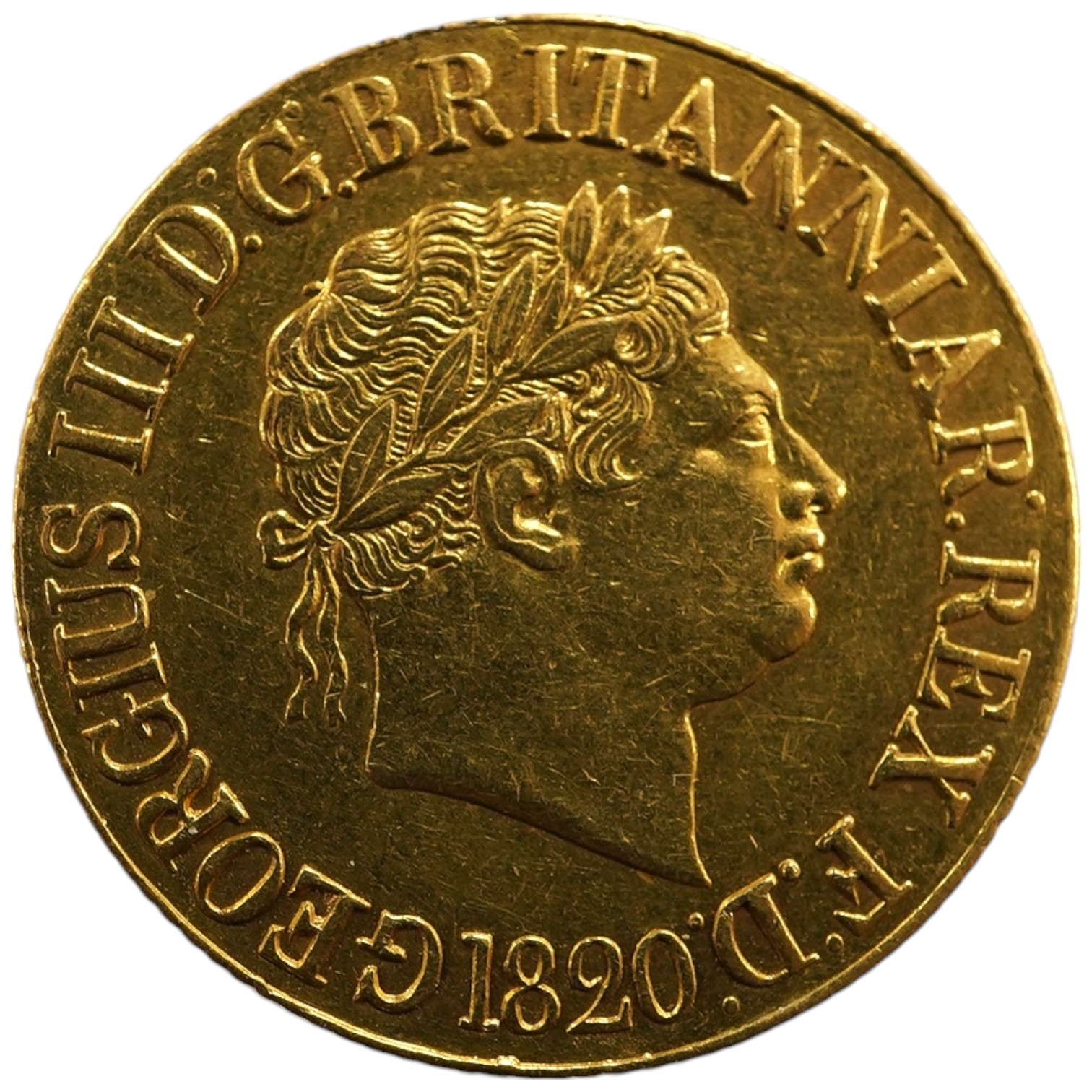 British gold coins, George III, New coinage, sovereign 1820, closed 2, S.3785C, edge wear otherwise good VF                                                                                                                 