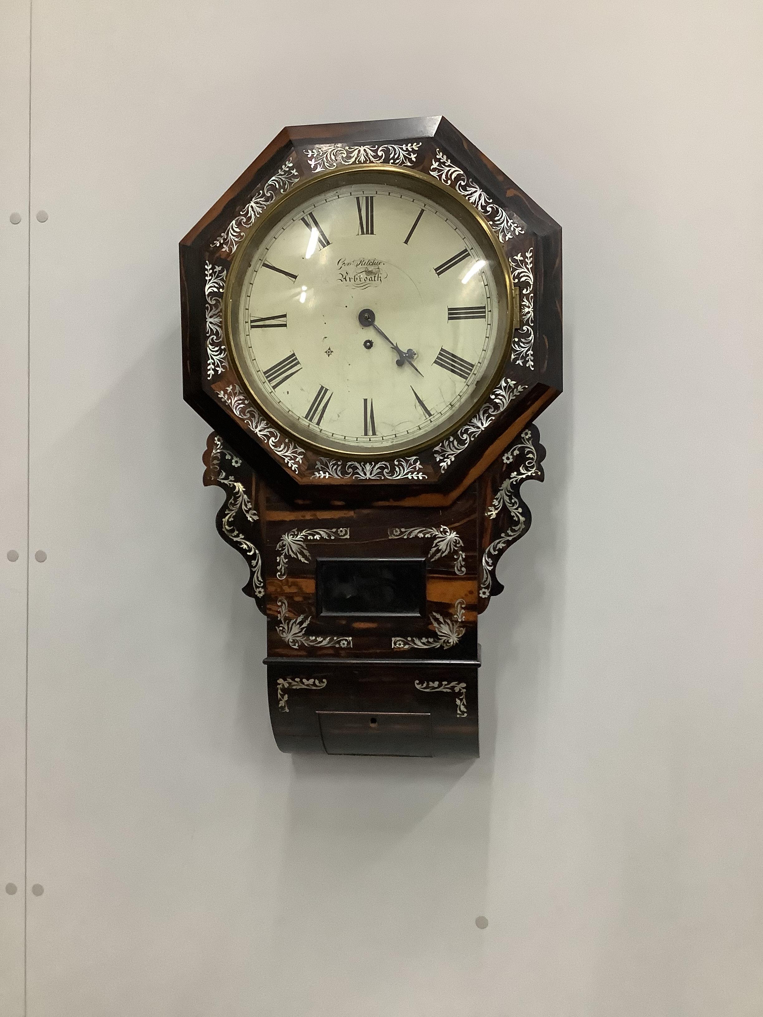 A Victorian mother-of-pearl inlaid coromandel drop dial wall clock, height 70cm                                                                                                                                             