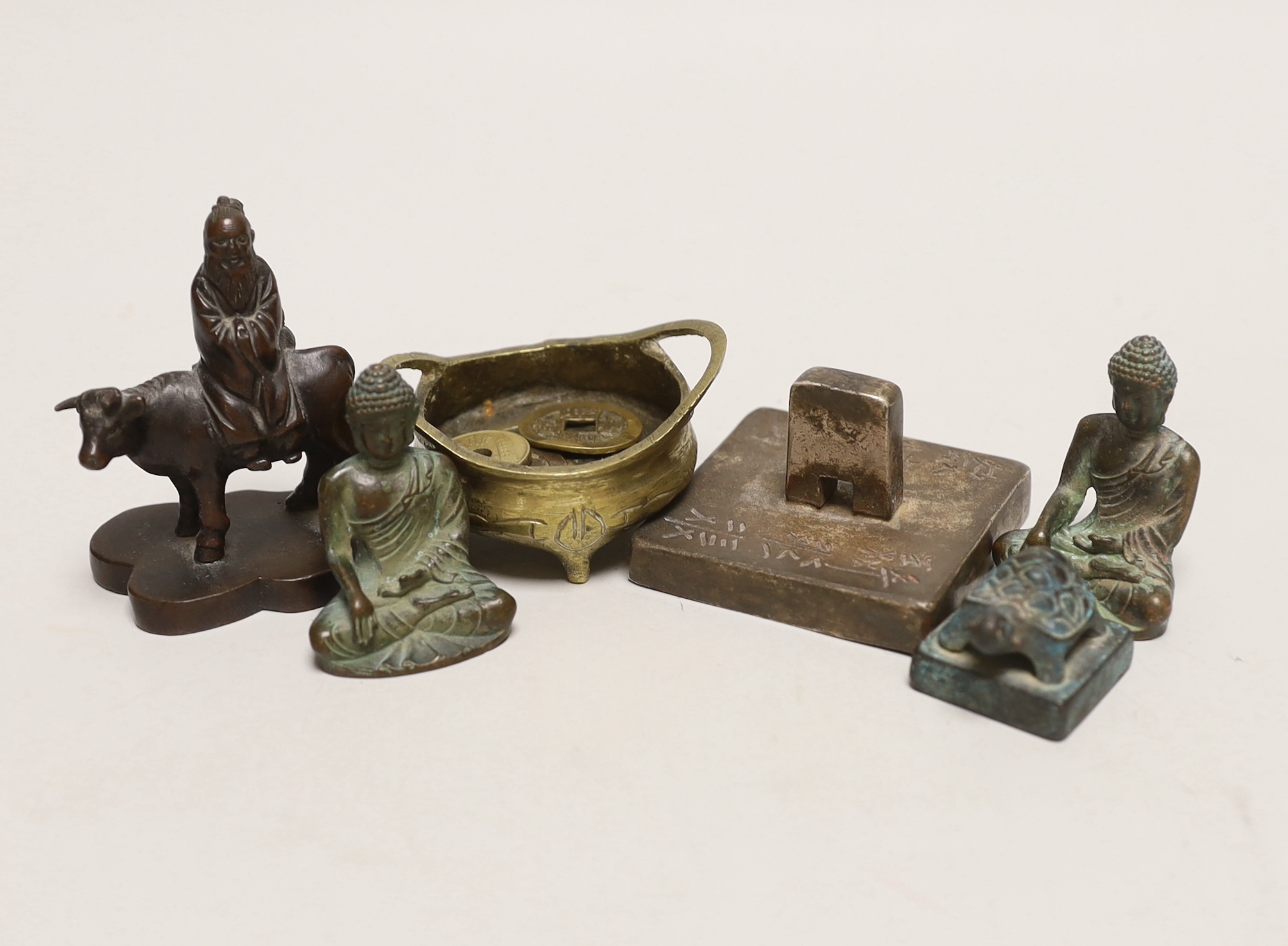 Five Chinese coins, five seals and a miniature censer                                                                                                                                                                       