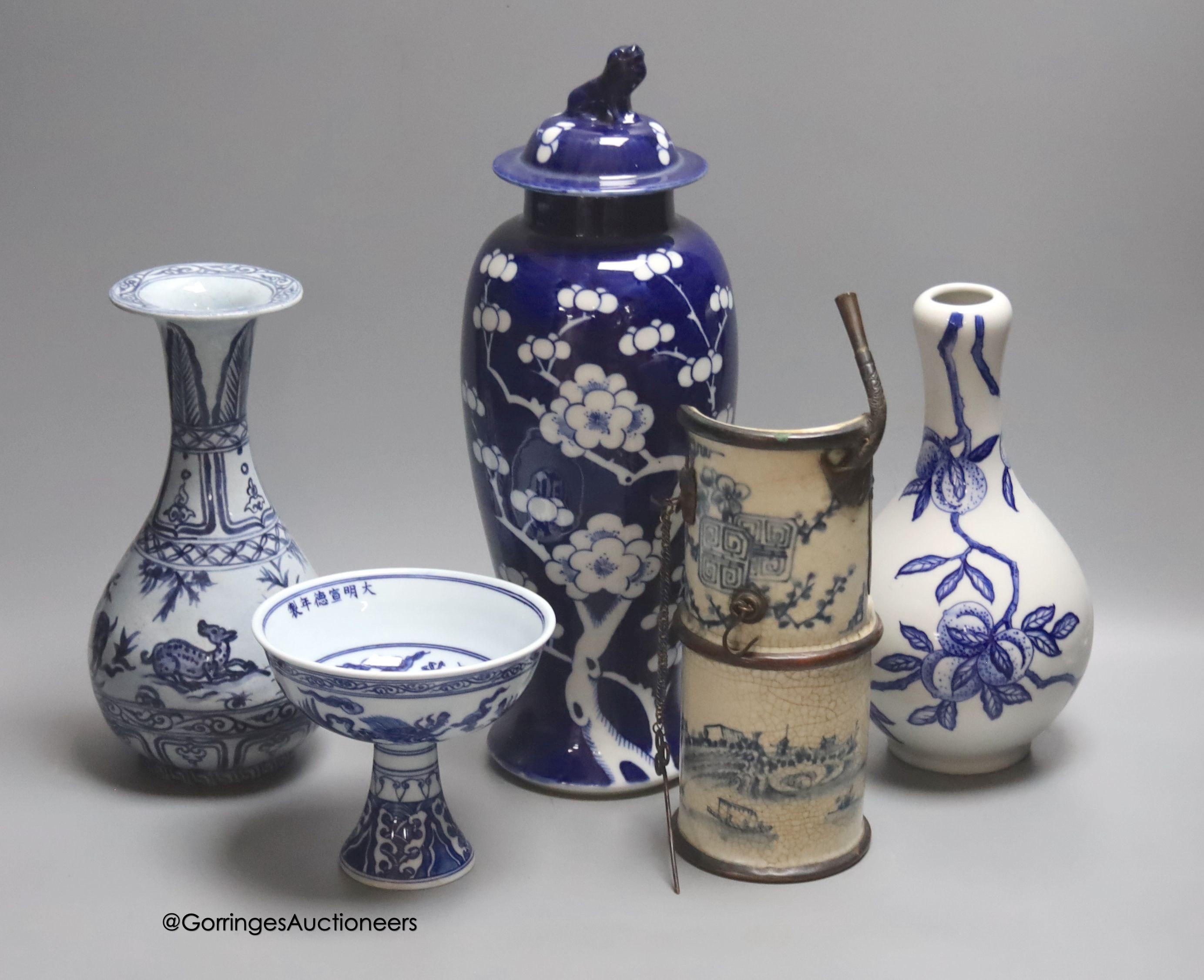 Five Chinese blue and white vessels, tallest 32cm                                                                                                                                                                           