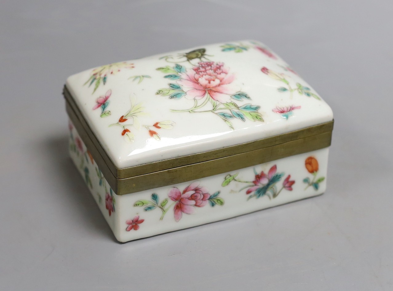 A Chinese famille rose porcelain box and cover, Republic period 12cm wide, marked to base                                                                                                                                   