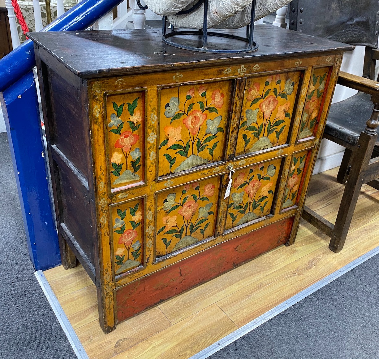 A 19th century Thai painted side cabinet, width 97cm, depth 43cm, height 88cm                                                                                                                                               