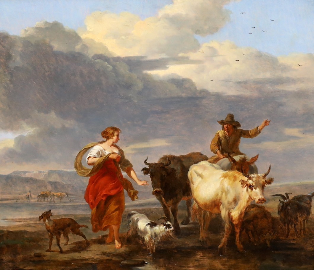 Nicholaes Bercham (Dutch, 1620-1683), A pastoral landscape with figures, cattle, goats and a dog, oil on panel, 32 x 36cm                                                                                                   