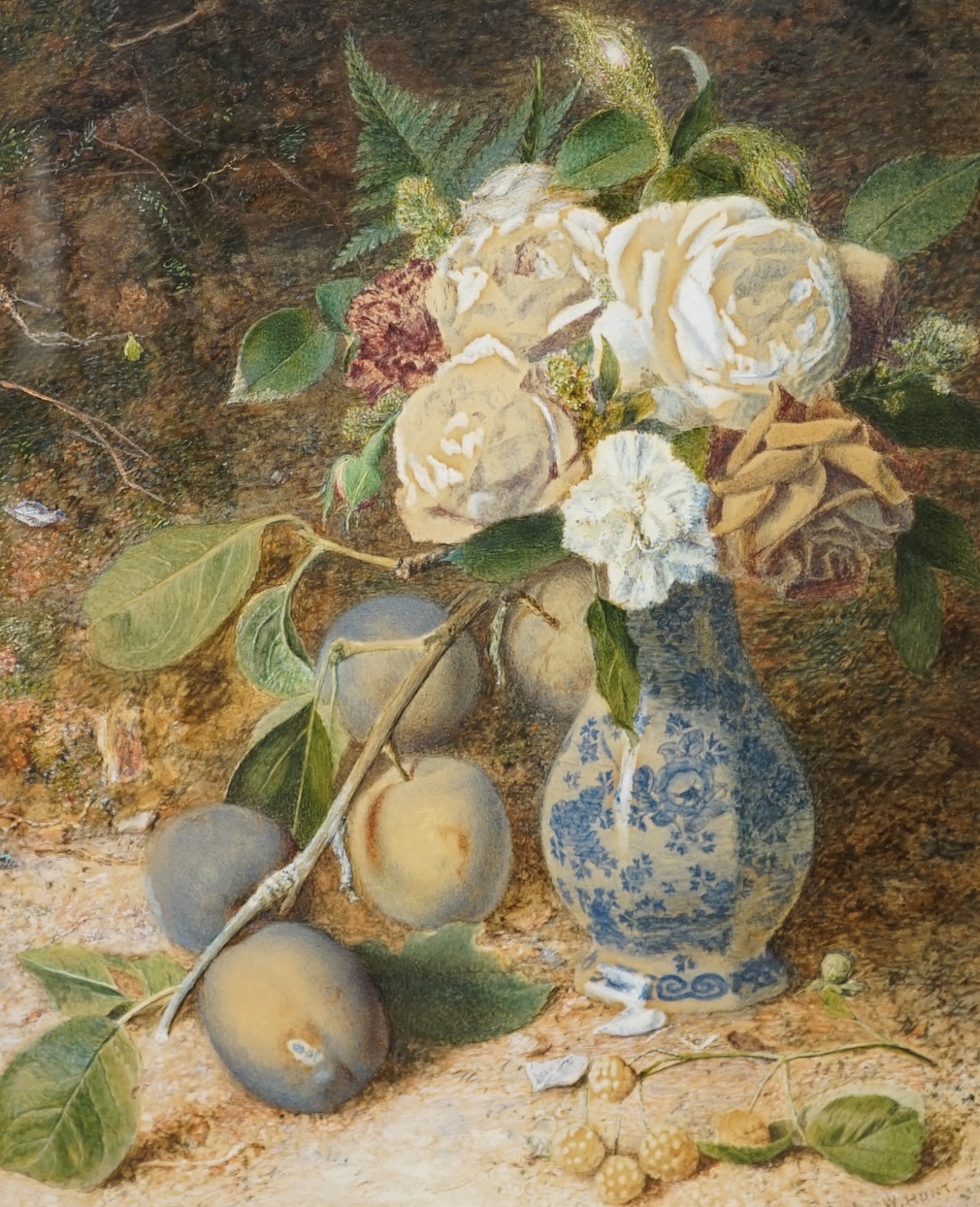 William Henry Hunt (1790-1864), heightened watercolour, Still life of plums, roses and vase, signed, label verso, 36 x 27cm. Condition - fair to good                                                                       