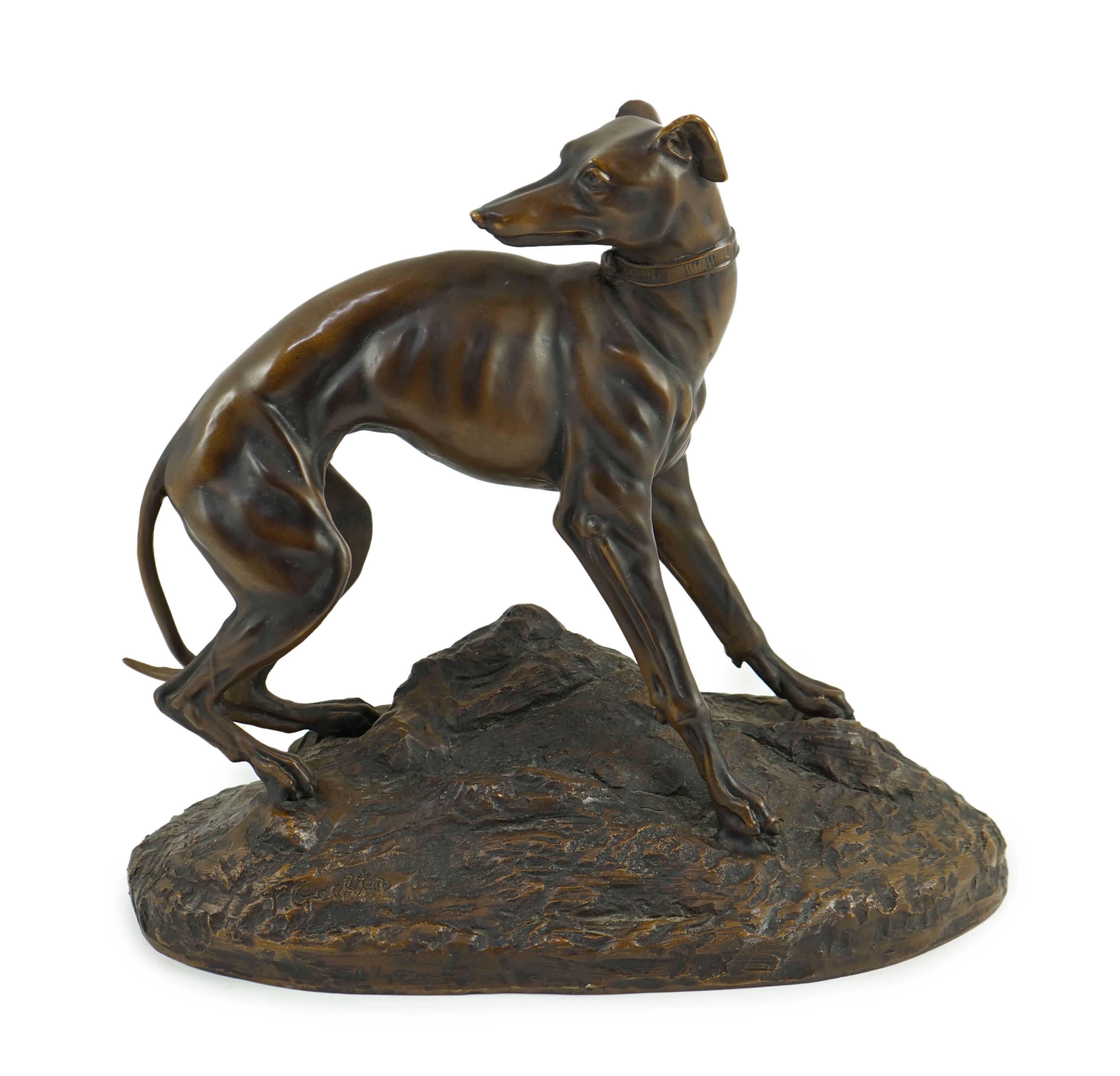 Jean Francois Théodore Gechter (French 1796-1844). A bronze model of a greyhound Width 31cm. Height 30cm.                                                                                                                   