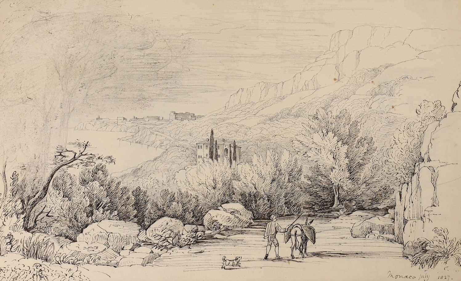 Robert Henry Cheney (1801-1866), pen, ink and pencil, 'Monaco July 1827', 20 x 32cm, unframed                                                                                                                               