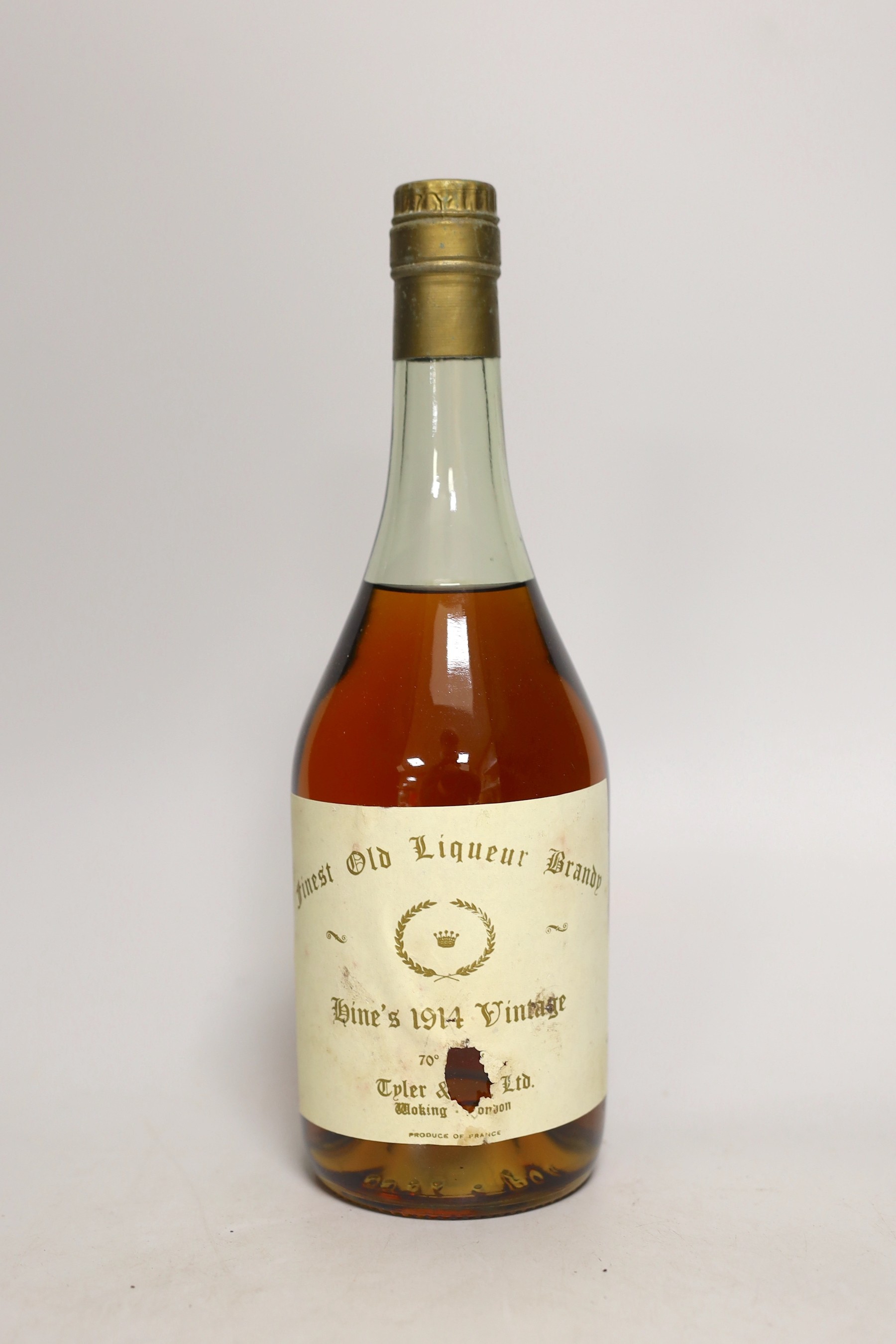 One bottle of Hine 1914 Finest Old Liqueur Brandy Tylers Woking                                                                                                                                                             