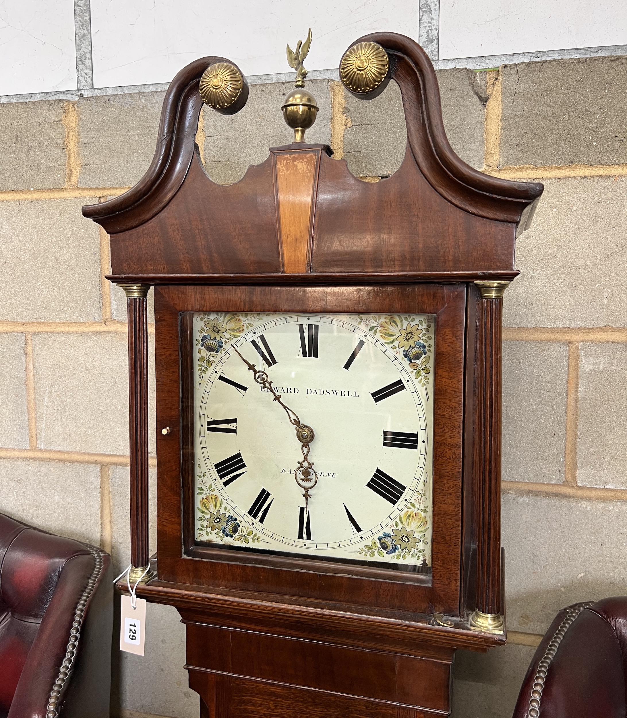 An early 19th century inlaid oak thirty hour longcase clock, the painted dial marked Edward Dadswell, Eastbourne, height 220cm                                                                                              