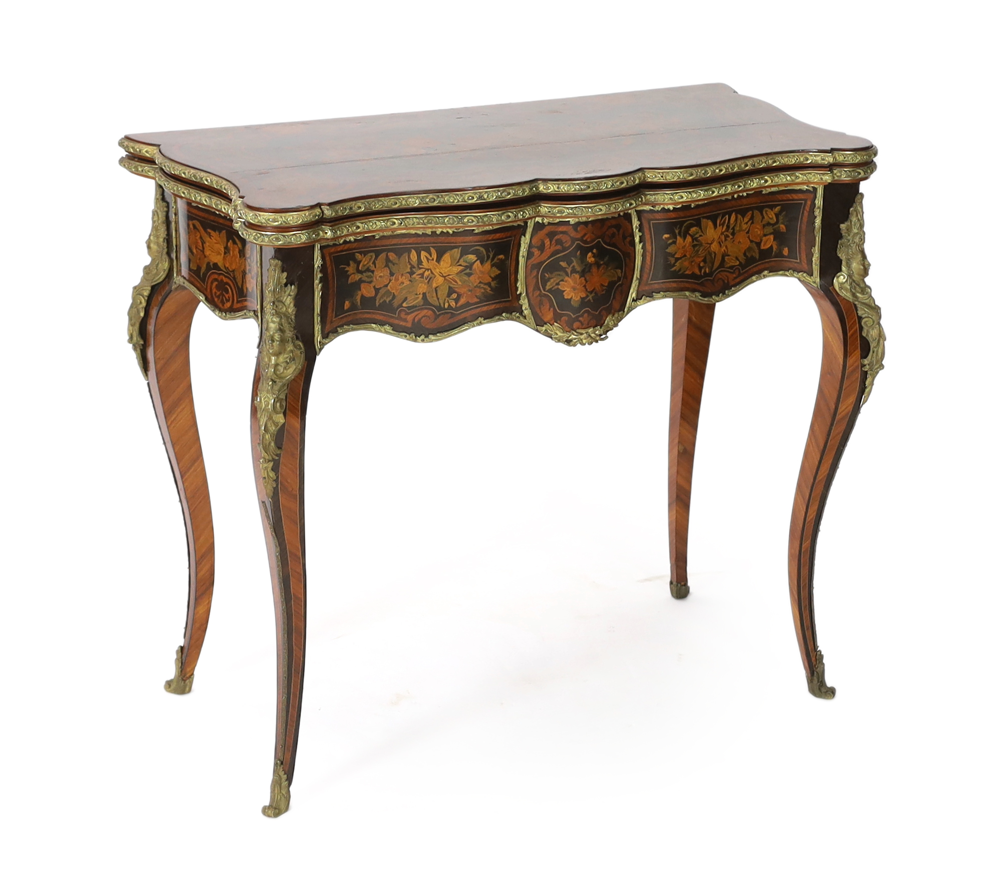 A late 19th century French ormolu mounted marquetry card table 89cm wide, 44cm deep, 78cm high                                                                                                                              