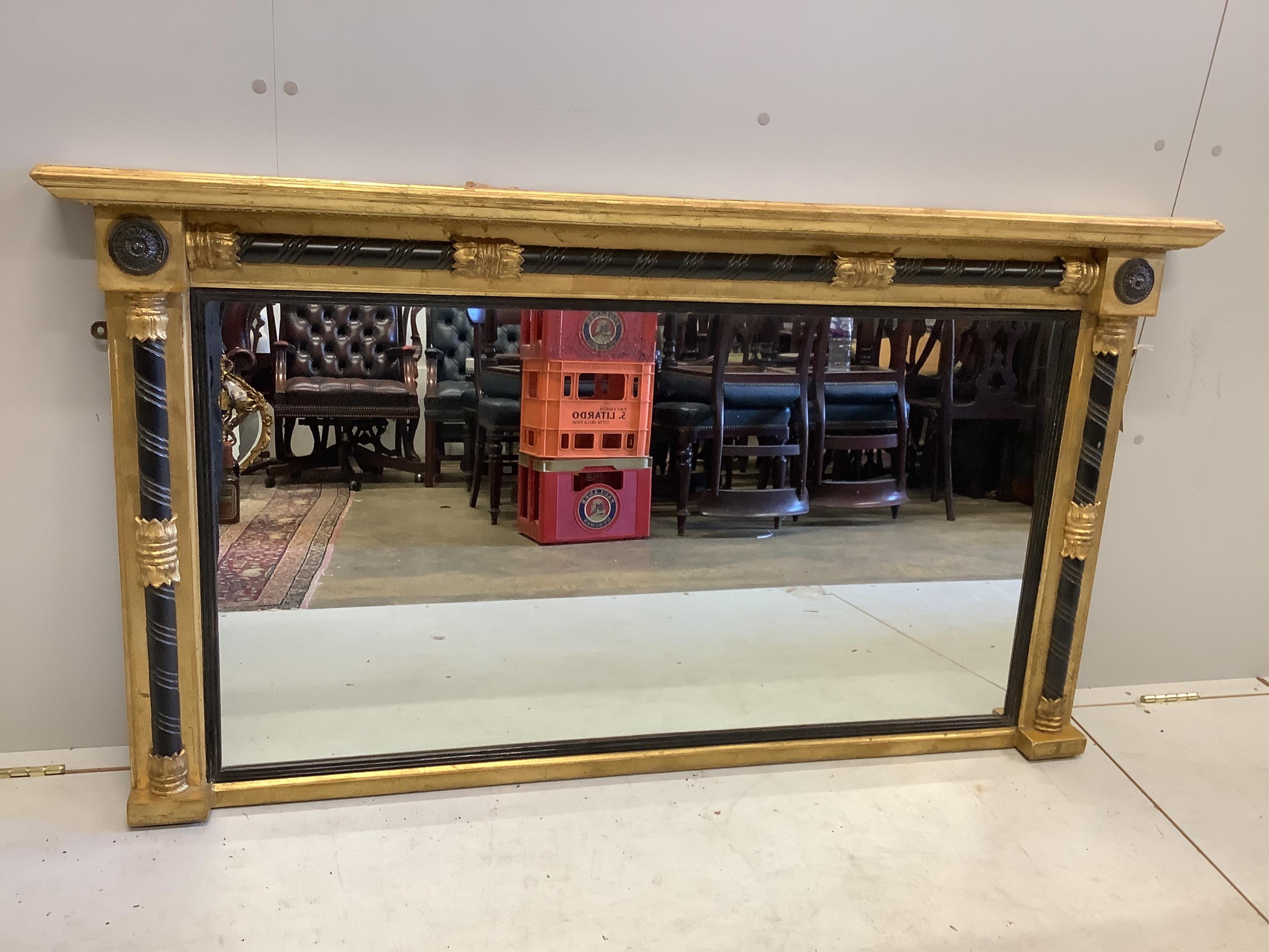 A William IV style giltwood and composition overmantel mirror, width 145cm, height 82cm                                                                                                                                     