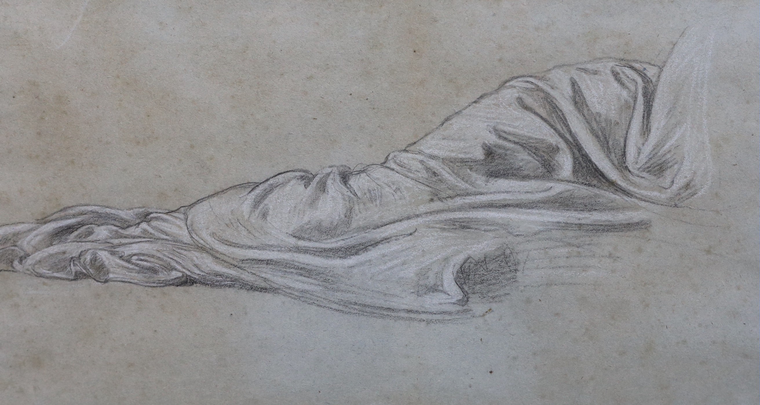 Lord Frederic Leighton, P.R.A. (British, 1830-1896), Study for the Wise and Foolish Angels, Lyndhurst Church, drapery for figure lower right, black and white chalk on light grey paper, 25 x 42cm                          