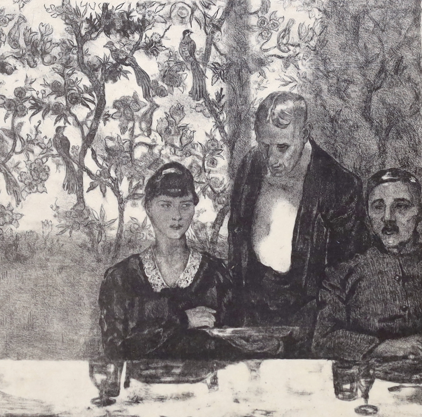 John Copley RBA (1875-1950), lithograph, ‘ A Luncheon Deux Belges’, signed in pencil, Abbott & Holder label verso, mounted, unframed, 27.5 x 28cm                                                                           