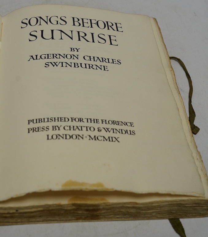 Swinburne, Algernon Charles - Songs before Sunrise, one of 650, 4to, limp vellum with gilt lettering, silk ties, small water stain to lower centre of early leaves, published for the Florence Press by Chatto and Windus, L