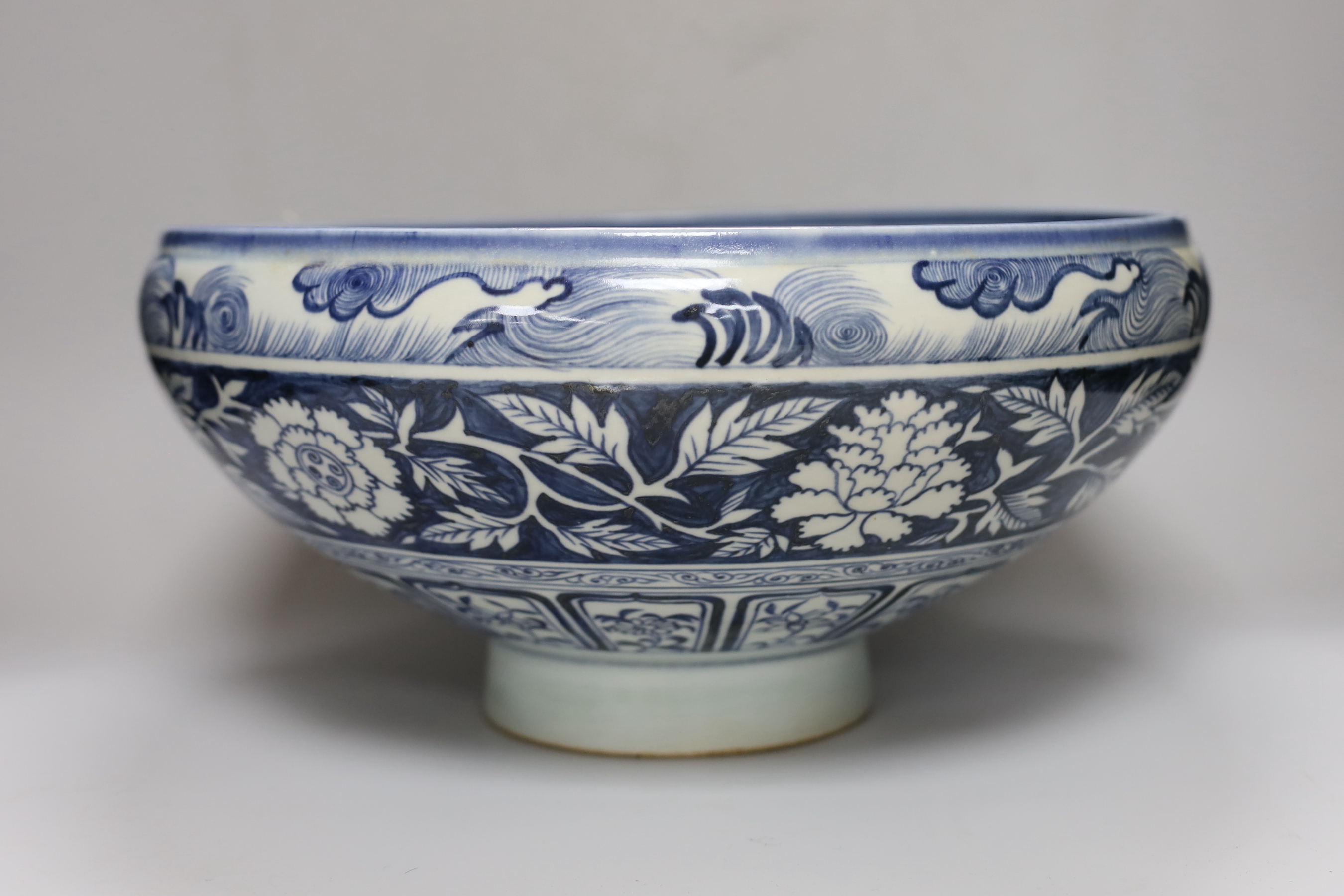A large Chinese blue and white bowl, 40cm diameter                                                                                                                                                                          