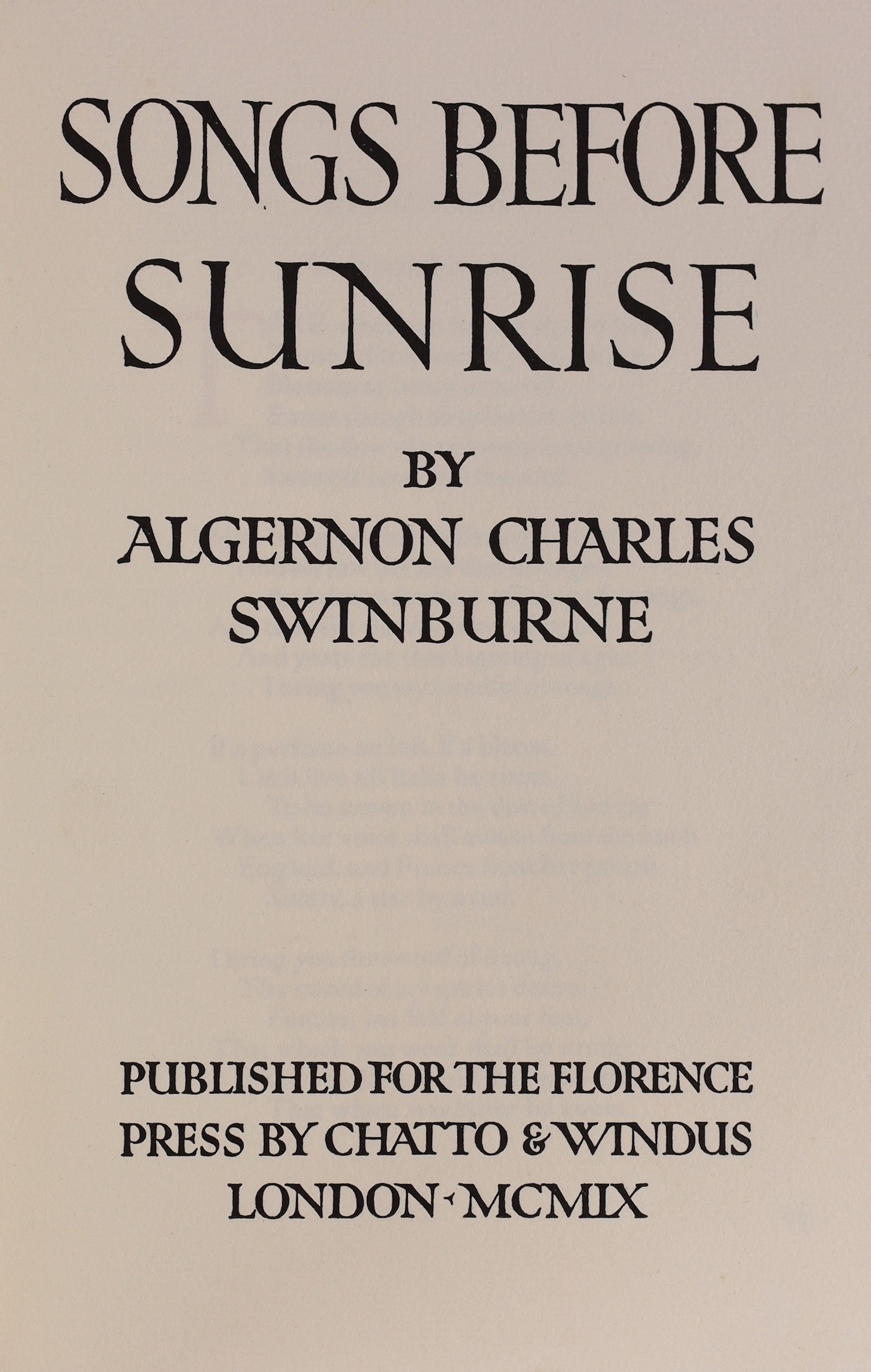 Swinburne, Algernon Charles - Songs before Sunrise, one of 650, 4to, limp vellum with gilt lettering, silk ties, small water stain to lower centre of early leaves, published for the Florence Press by Chatto and Windus, L