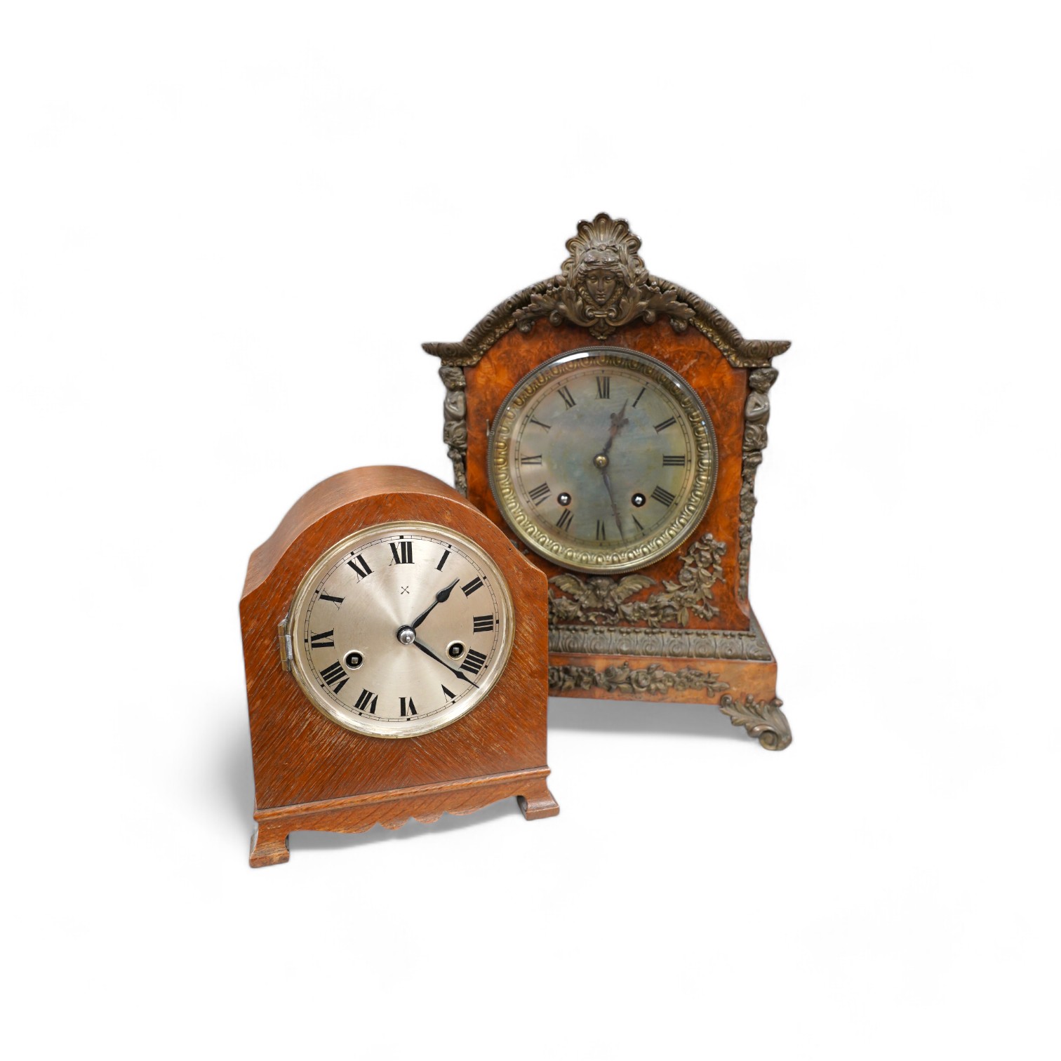 A late 19th century brass mounted burr walnut bracket clock with key and pendulum, and an oak mantel clock, tallest 37cm. Condition - poor to fair                                                                          