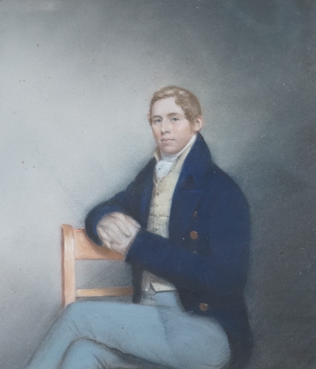 Early 19th century English School, pastel, Portrait of George Latham Blacker, Lieutenant of the 65th Regiment of Foot, inscribed in ink and provenance details verso, 24 x 20cm, gilt framed. Condition - fair to good      