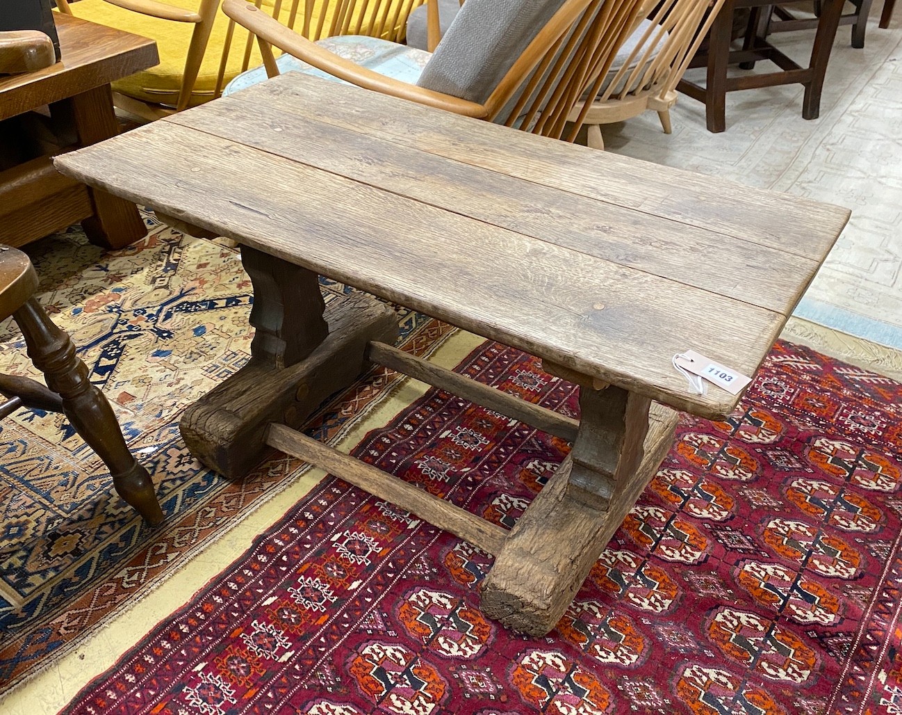 An antique oak coffee table, (altered) width 98cm, depth 52cm, height 51cm                                                                                                                                                  