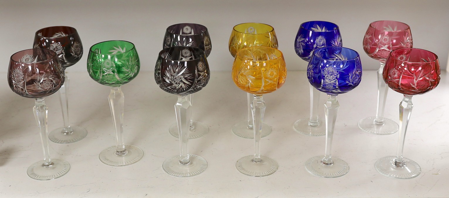 A set of eleven cut and coloured hock glasses                                                                                                                                                                               