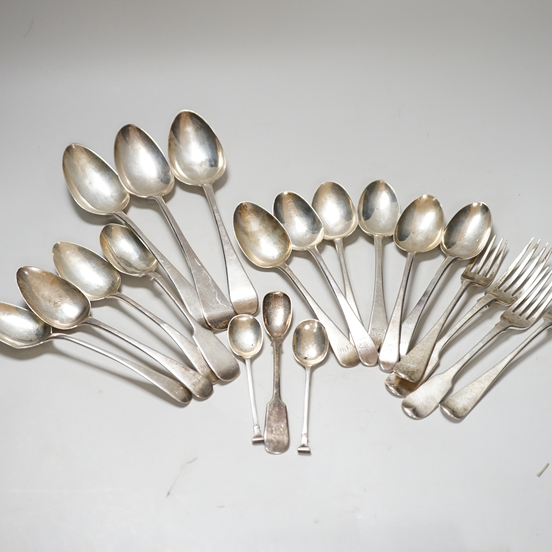 A group of assorted George III and later silver flatware, mainly Old English pattern, 715 grams                                                                                                                             