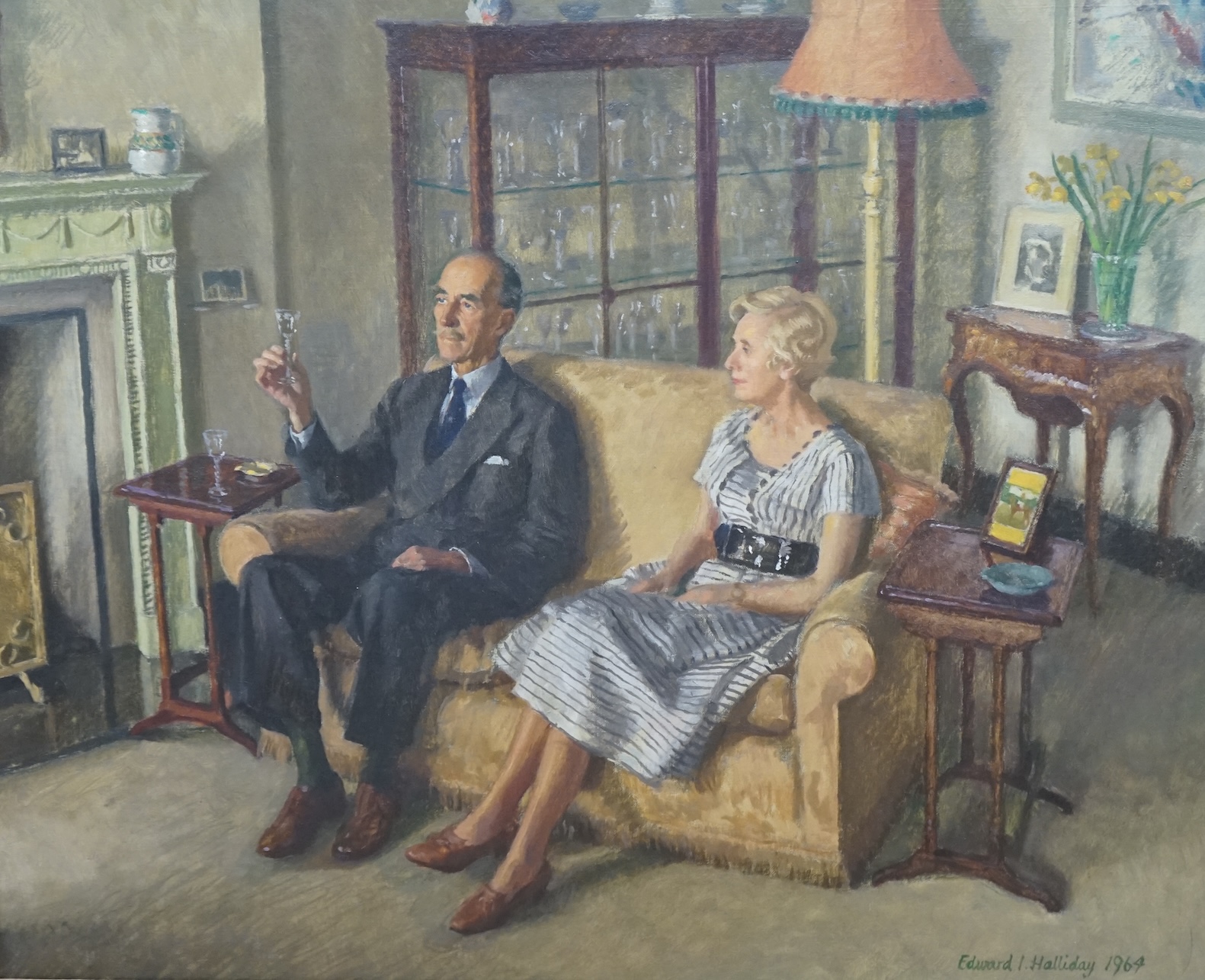 Edward Irvine Halliday (1902-1984), oil on canvas, Interior scene with Mr and Mrs Giles Newton, signed and dated 1964, Royal Society of Portrait Painters inscribed label verso, 50 x 60cm. Condition - good                