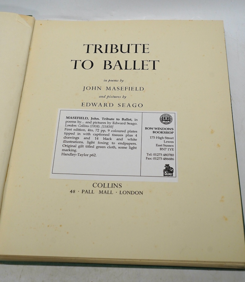 Masefield, John - The Country Scene, 1st edition, illustrated with 42 coloured plates by Edward Seago, 4to, half cloth, Collins, London, 1937 and Tribute to Ballet, illustrated by Edward Seago, Collins, London, 1938 (2).