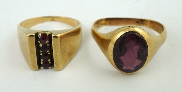 Two gold and gem set rings, one stamped 9ct, gross weight 11.8 grams. Condition - poor to fair                                                                                                                              