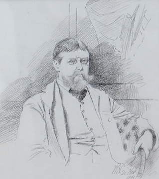 Walker Hodgson (1864-1923), black chalk and grey wash, Portrait of Sir Lawrence Alma Tadena RA, signed and dated 1891, Christopher Wood label and stencil verso, 25 x 23cm. Condition - good                                