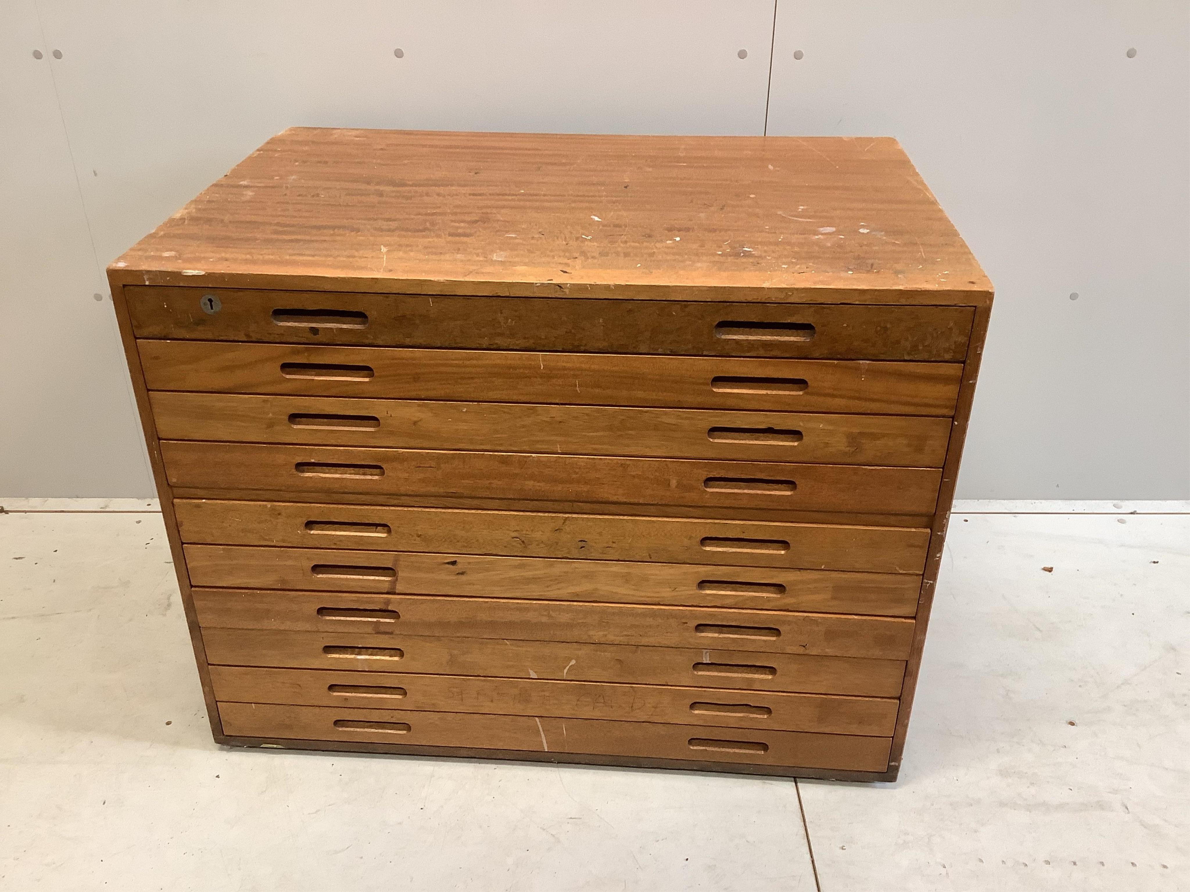 A mid century teak plan chest, width 101cm, depth 68cm, height 78cm. Condition - fair                                                                                                                                       