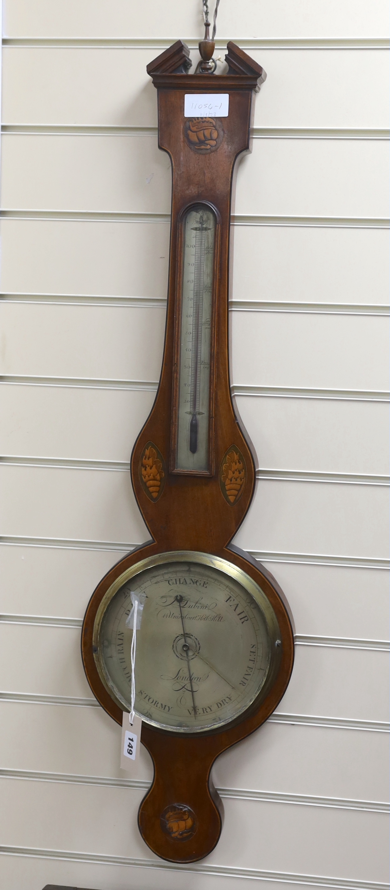 An early 19th century inlaid mahogany wheel barometer, marked Dubini, London, height 100cm                                                                                                                                  