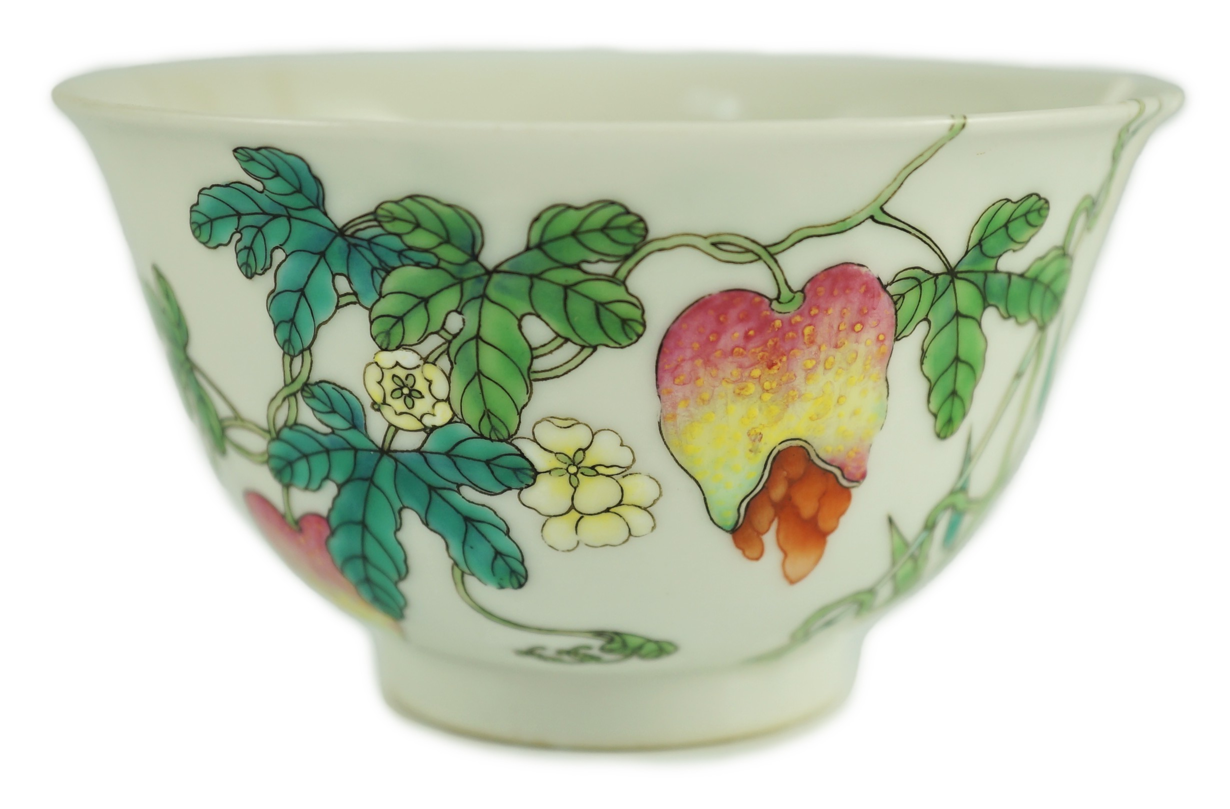 A Chinese famille rose bowl, Jiaqing seal mark and of the period (1796-1820), 10.7cm diameter, 6.3cm high, extensive damage                                                                                                 