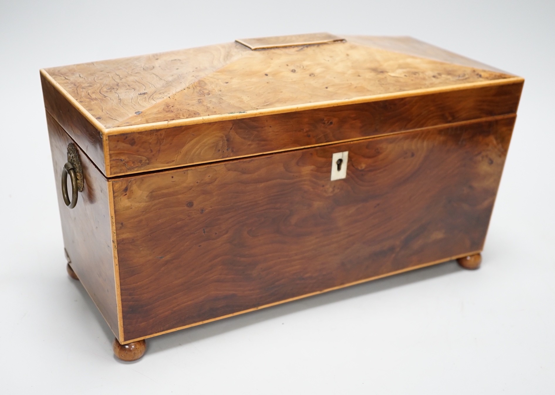 A Regency burr yew tea caddy (partly sun-bleached). 33cm wide                                                                                                                                                               