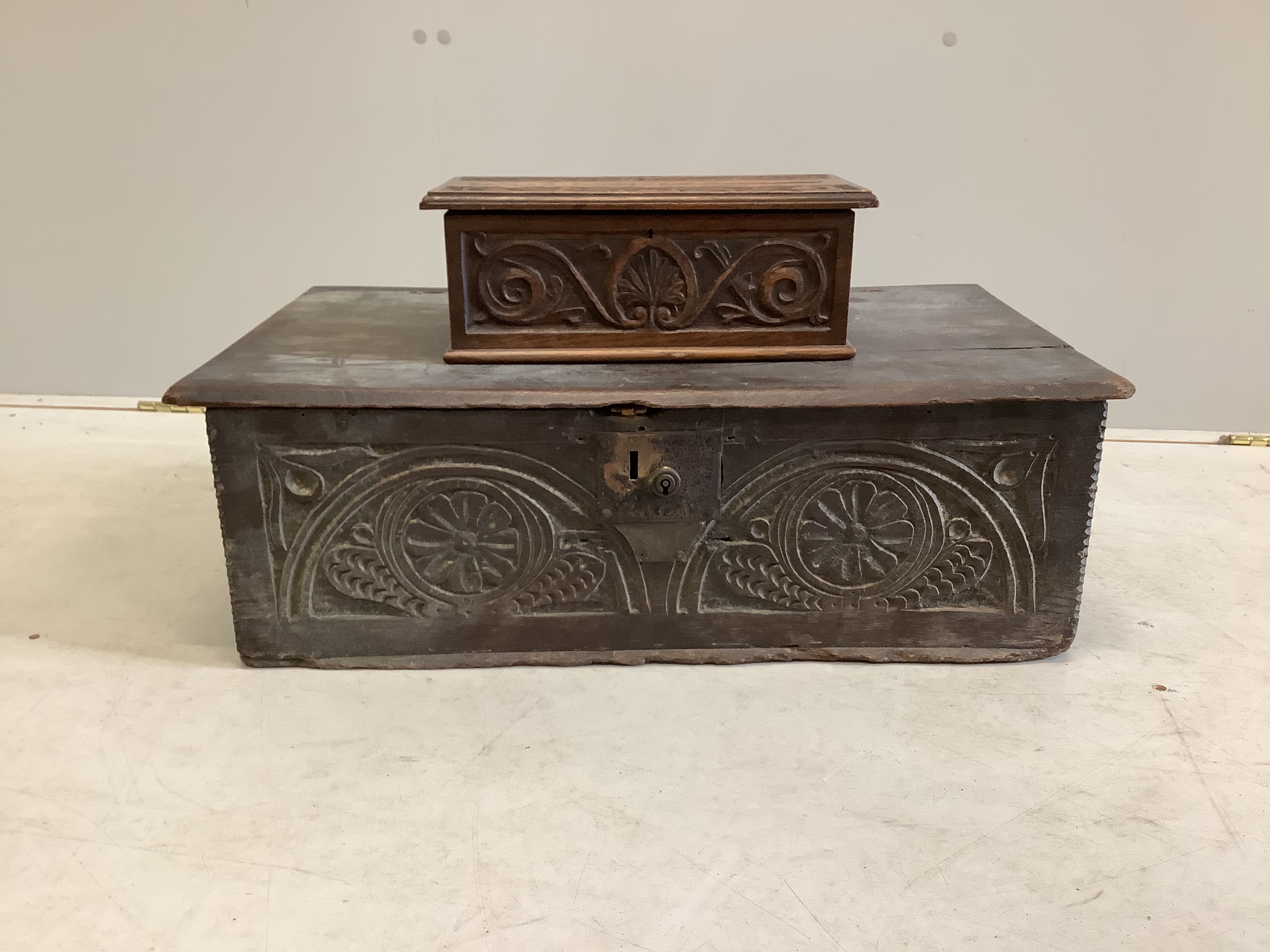 An 18th century oak bible box, width 68cm, depth 39cm, height 22cm, together with a Victorian carved oak internal post box                                                                                                  