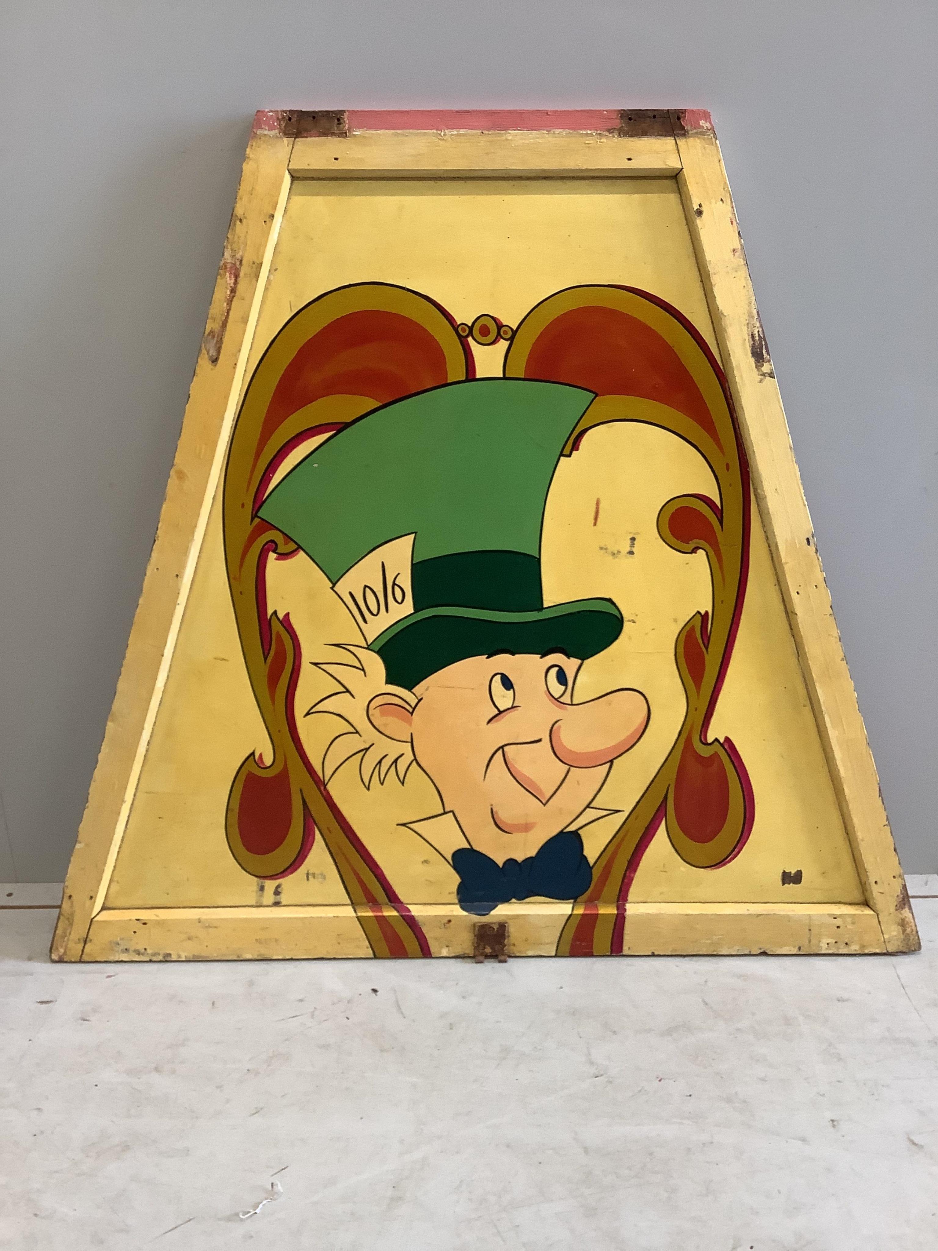 A mid century “Mad Hatter” painted wood fairground carousel panel of tapered rectangular form, width 104cm, height 94cm. Condition - fair                                                                                   