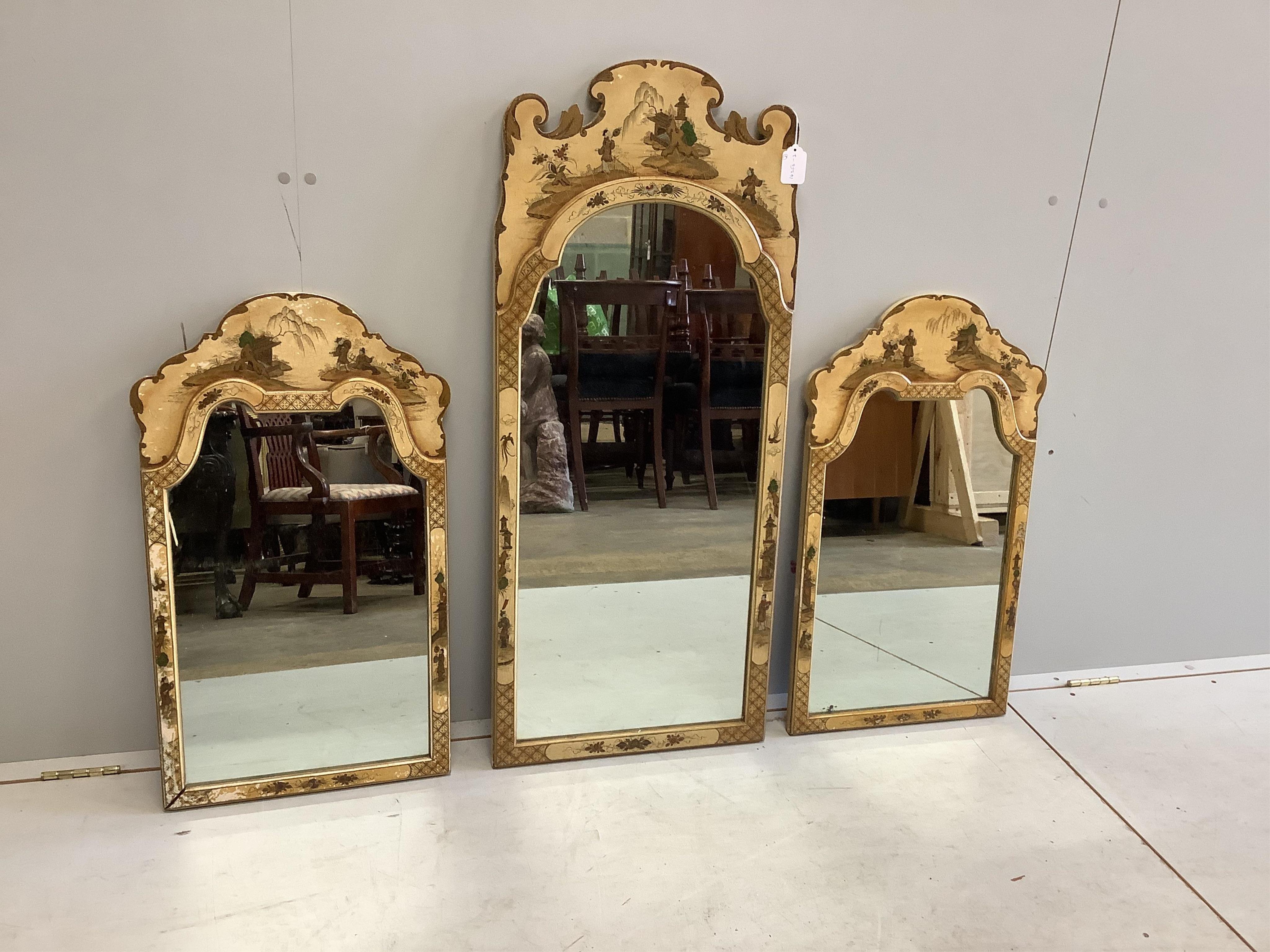 A set of three ivory chinoiserie lacquer wall mirrors, largest width 46cm, height 108cm. Condition - fair                                                                                                                   