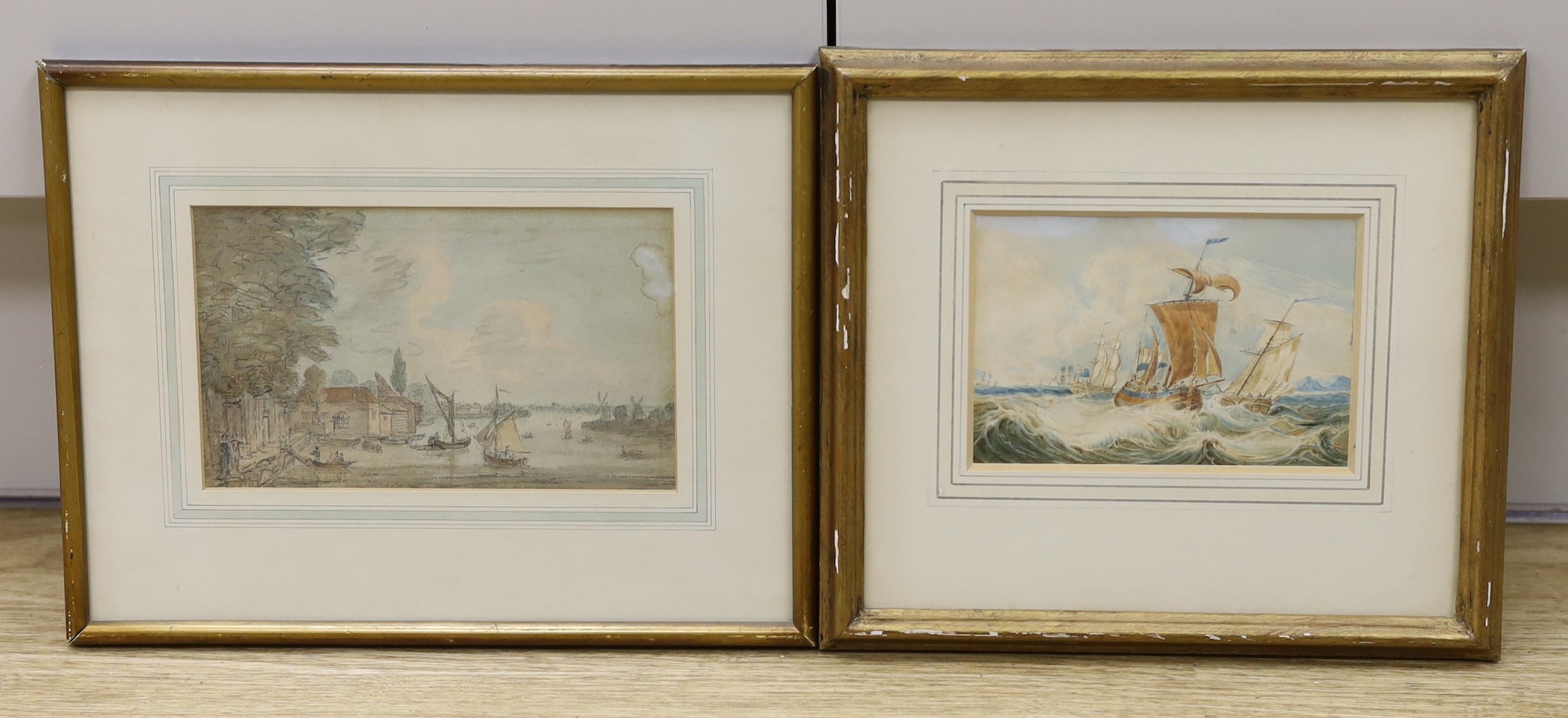 George Perfect Harding (1780-1853) , watercolour, Shipping off the coast, signed and dated 1829, 9 x 13cm and a watercolour sketch 'Along The Thames', 10 x 17cm                                                            