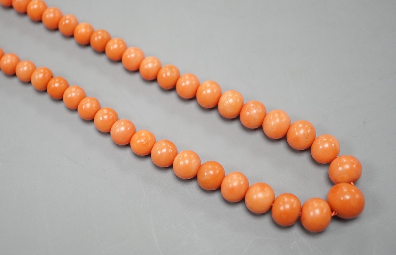A single strand graduated coral bead necklace, 48cm, gross 29 grams.                                                                                                                                                        