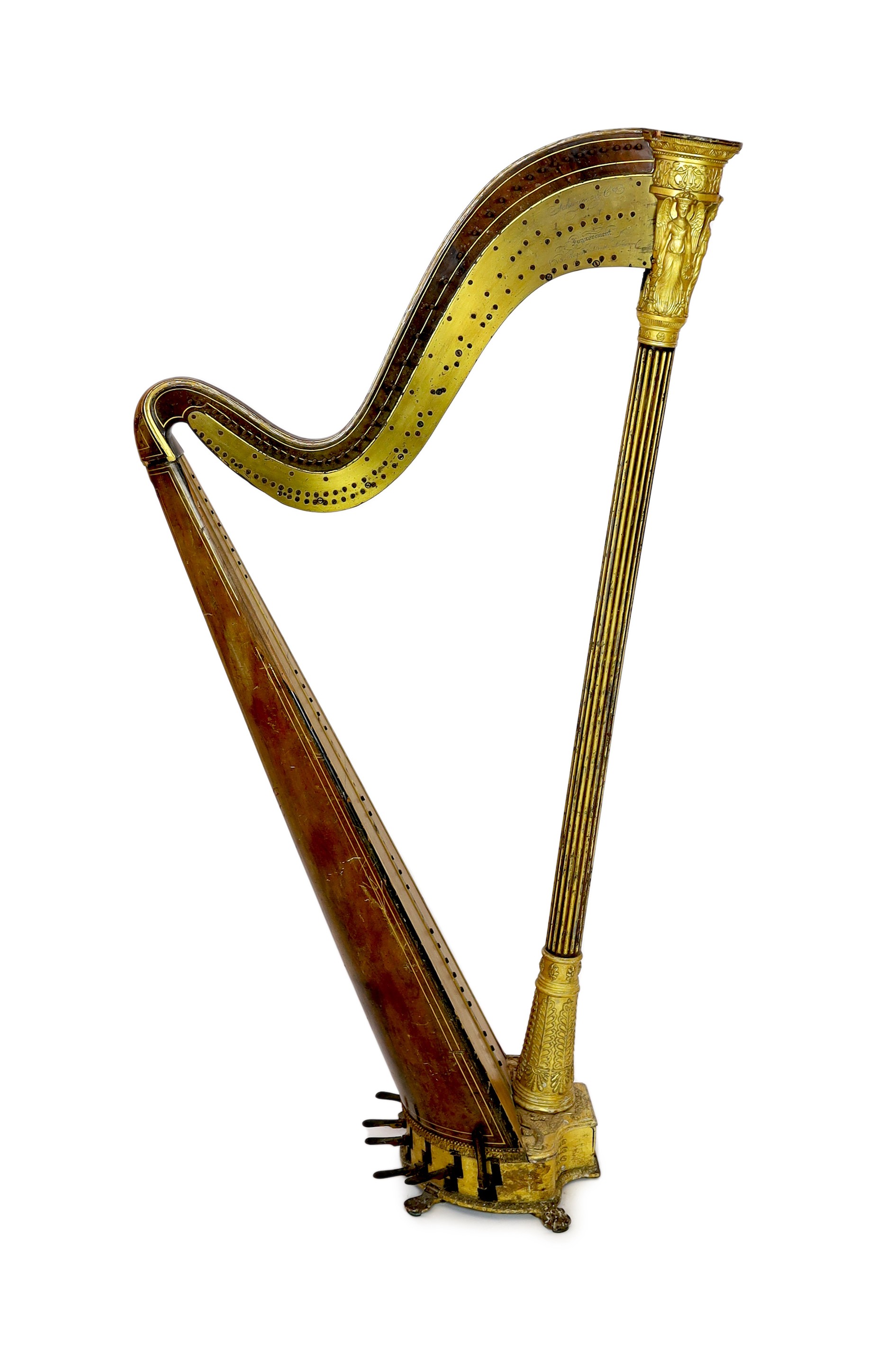 A mid 19th century J.Schwieso giltwood, satinwood and rosewood 'Grecian' concert harp, width 84cm, height 170cm.                                                                                                            