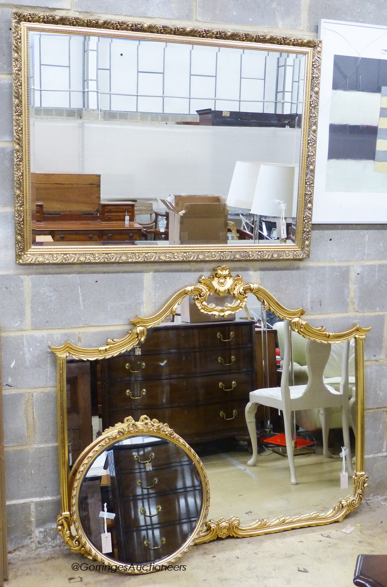 A Victorian style gilt overmantel mirror and two others (3) largest, W-136, H-115cm.                                                                                                                                        