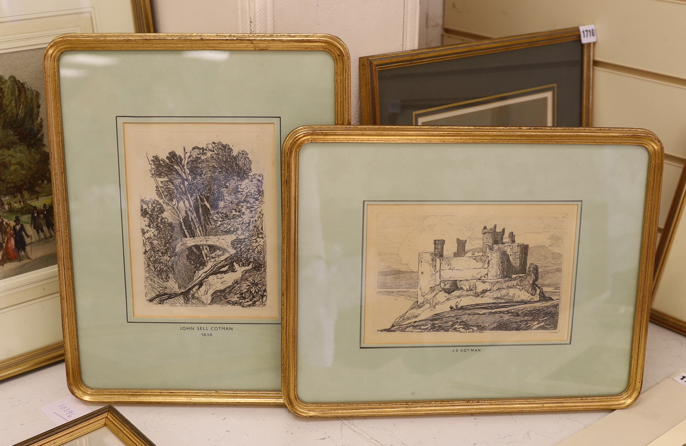 John Sell Cotman (1782-1842), two soft ground etchings from Cotman’s Liber studiorum 1838, depicting Harlech Castle and Parson’s Bridge, former 14 x 21 cm                                                                  