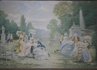 A printed machined tapestry panel depicting ladies and gallants in parkland, 79 x 114cm                                                                                                                                     