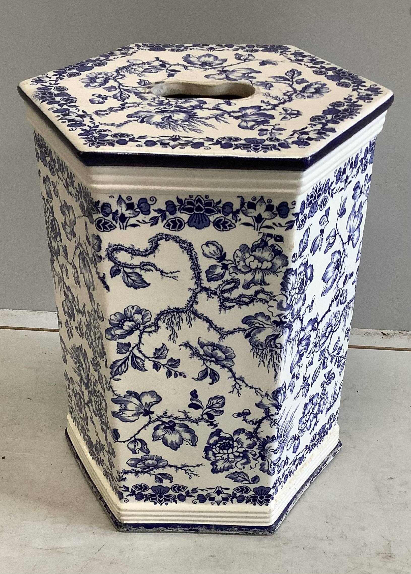 A Victorian Wedgwood hexagonal blue and white 'Swallow' pattern conservatory seat, width 34cm, hight 44cm                                                                                                                   