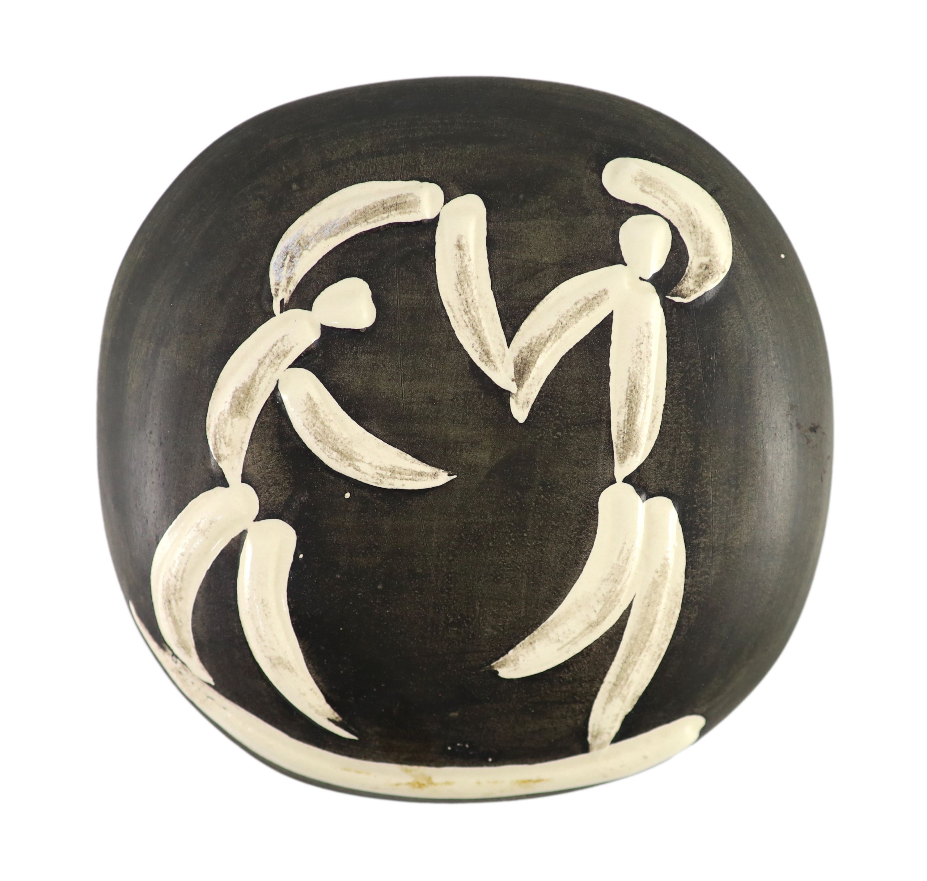 Pablo Picasso (Spanish 1881-1973) for Madoura pottery, Danseurs [A.R. 388] plaque, 1956, 18.5cm wide                                                                                                                        